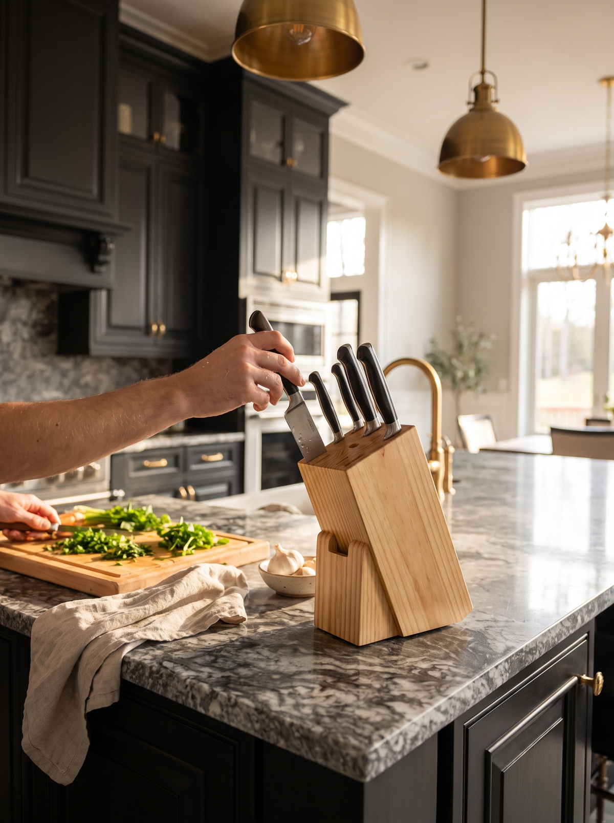 Solid Wood Knife Block: Open Slots, Dry Blades