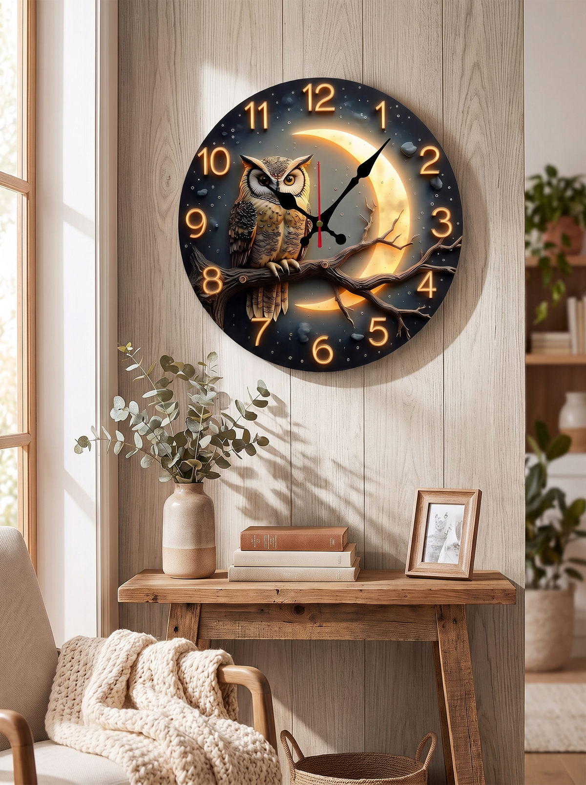Moonlight Wooden Wall Clock: No Bezel, No Glare