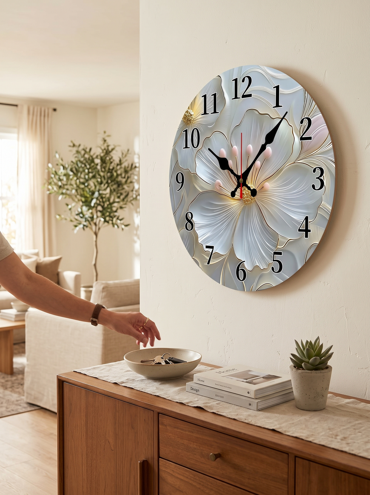 Gold Floral Wooden Wall Clock: Spring On A Plain Wall
