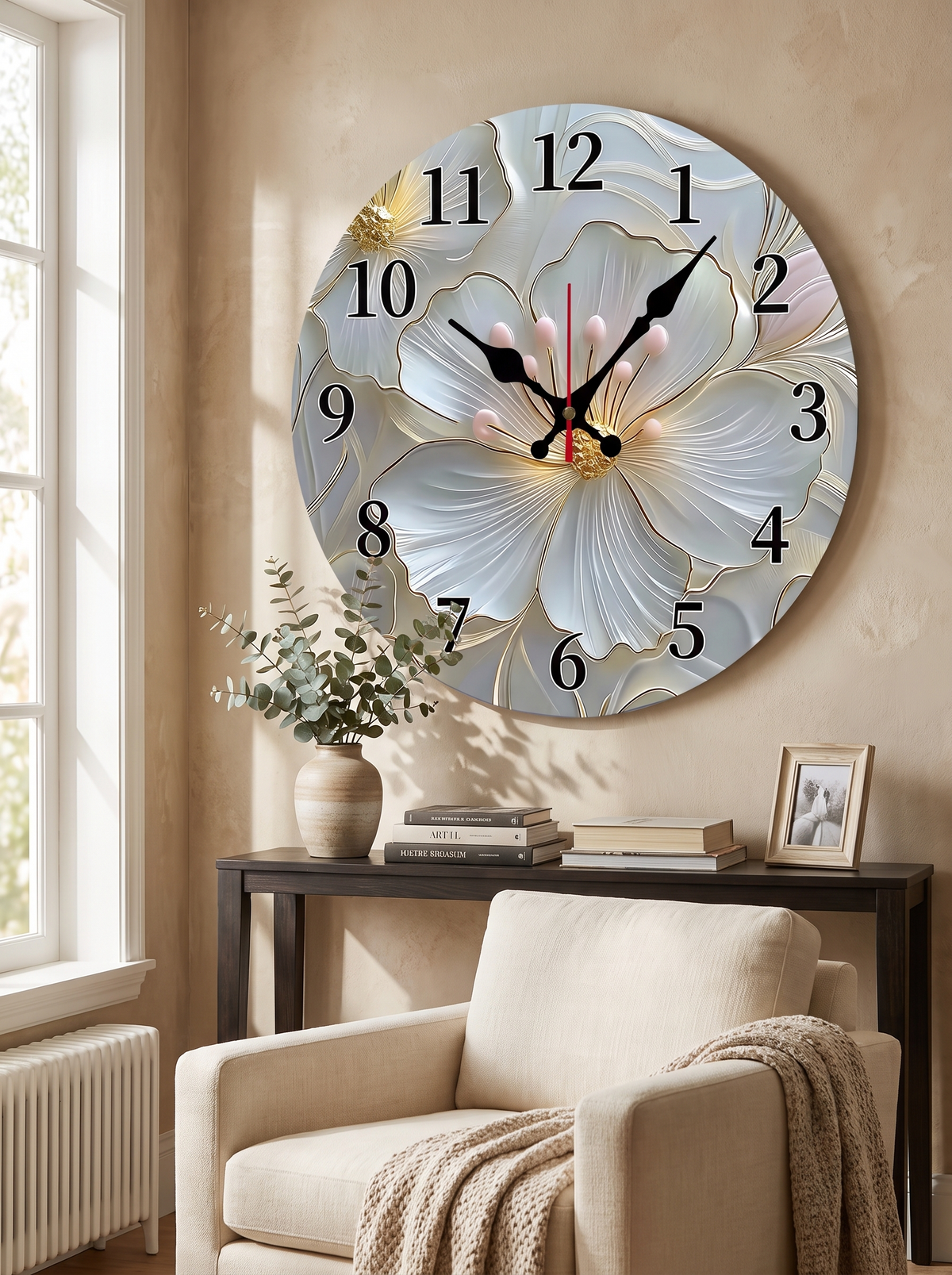 Gold Floral Wooden Wall Clock: Silent And Slim