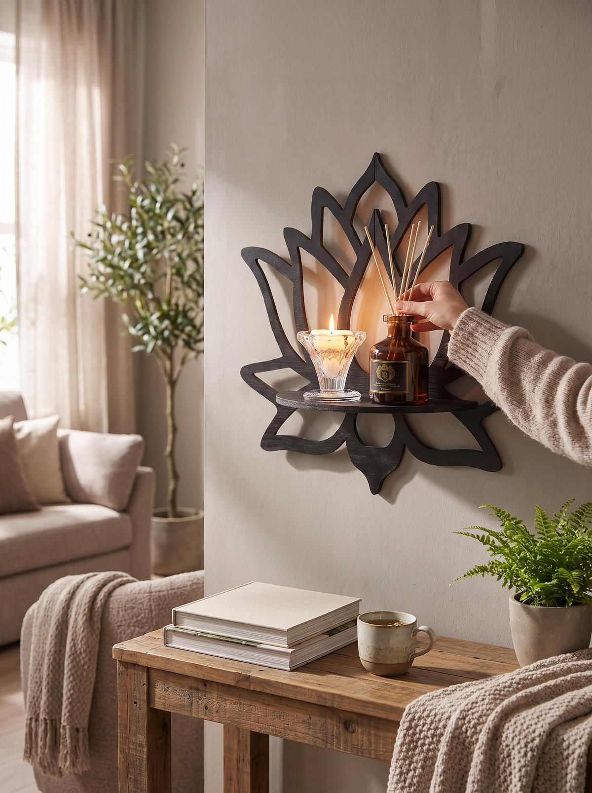 Wooden Lotus Cutout Wall Shelf: Made For Small Rituals