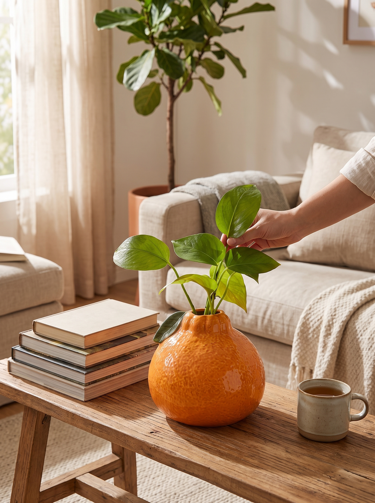 Orange Ceramic Hydroponic Vase: Plain Or With A Leaf