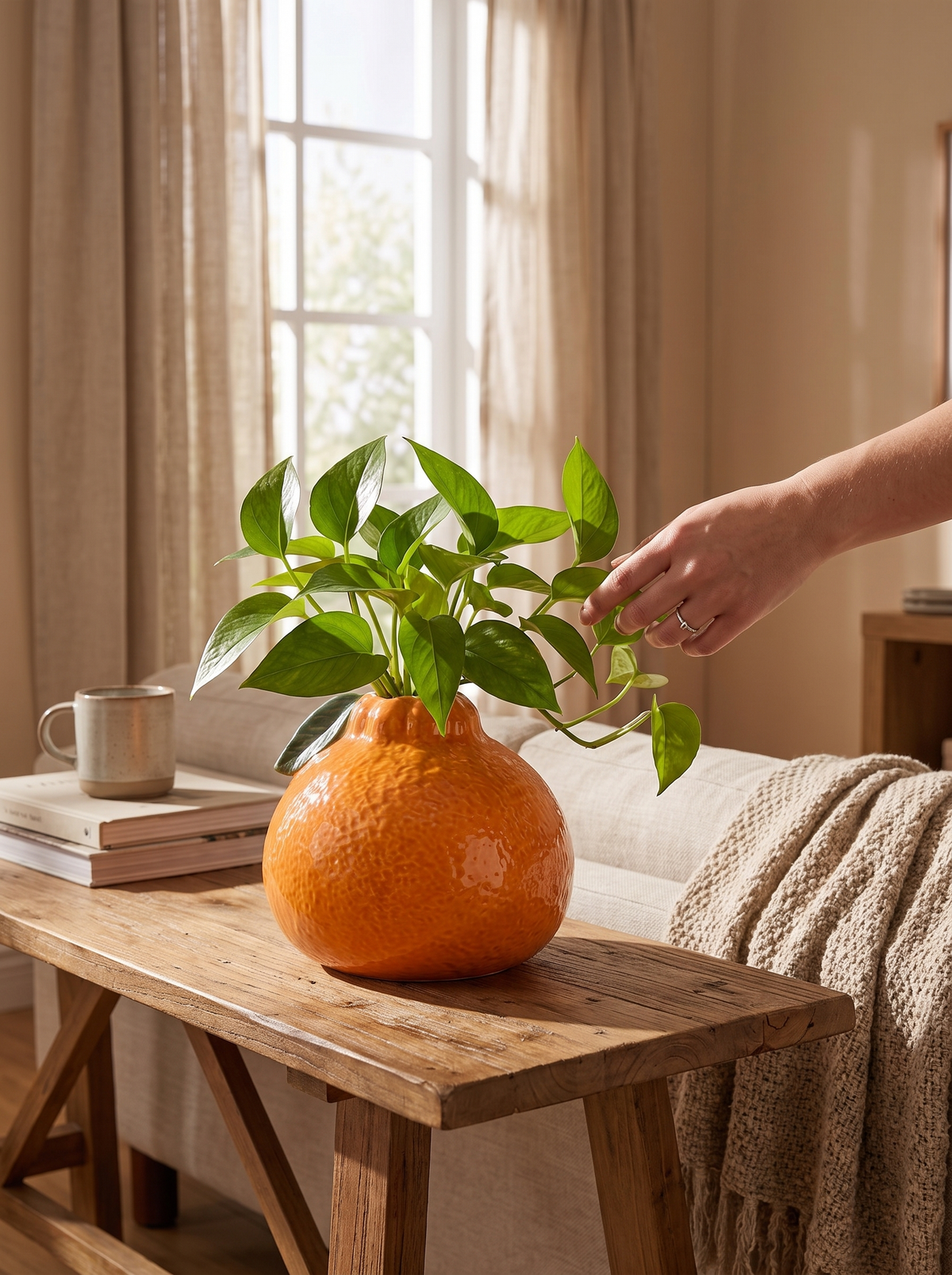 Orange Ceramic Hydroponic Vase: Roots Hidden, Water Held