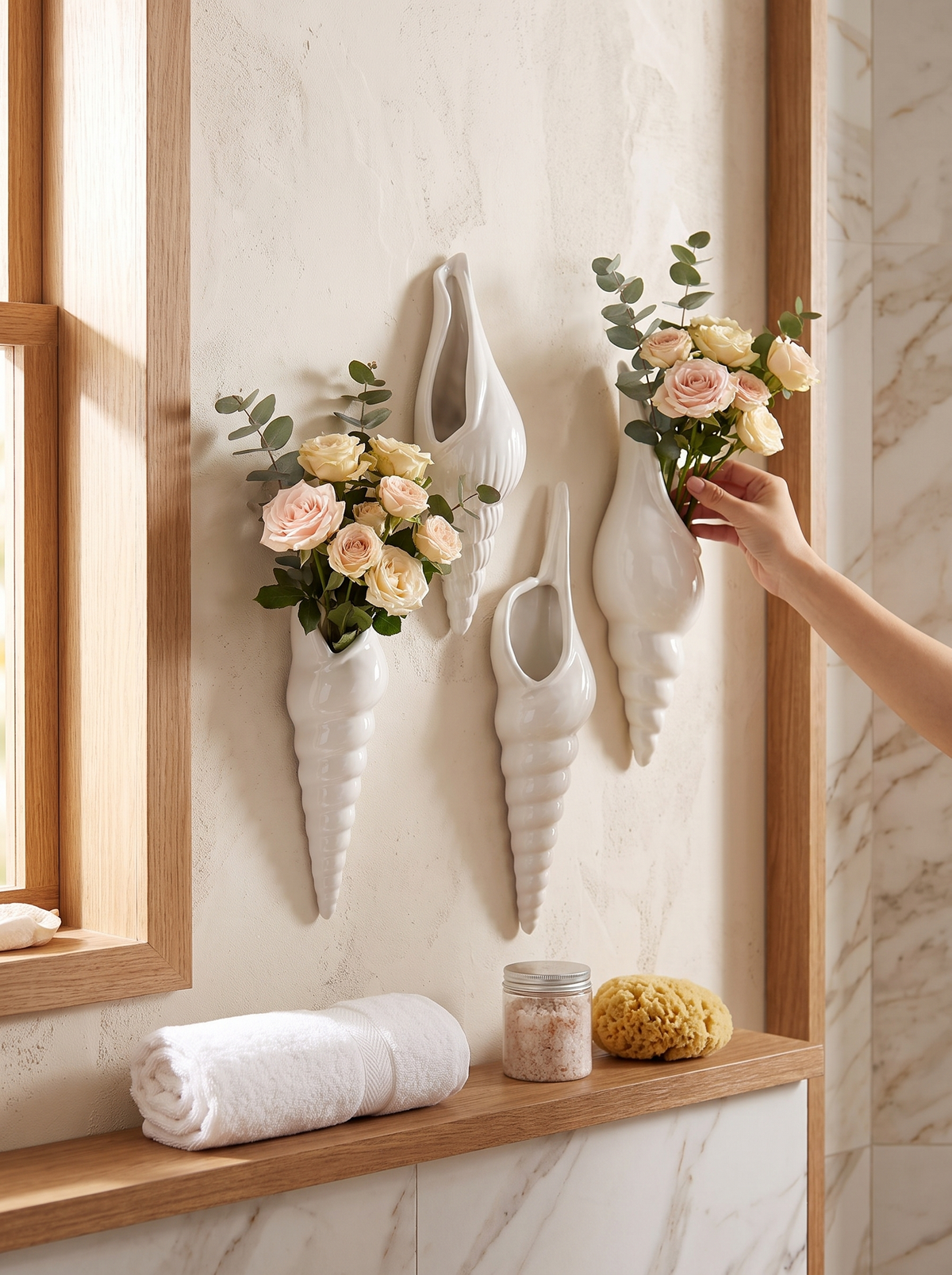 White Ceramic Conch Shell Wall Vase: No Surface Needed