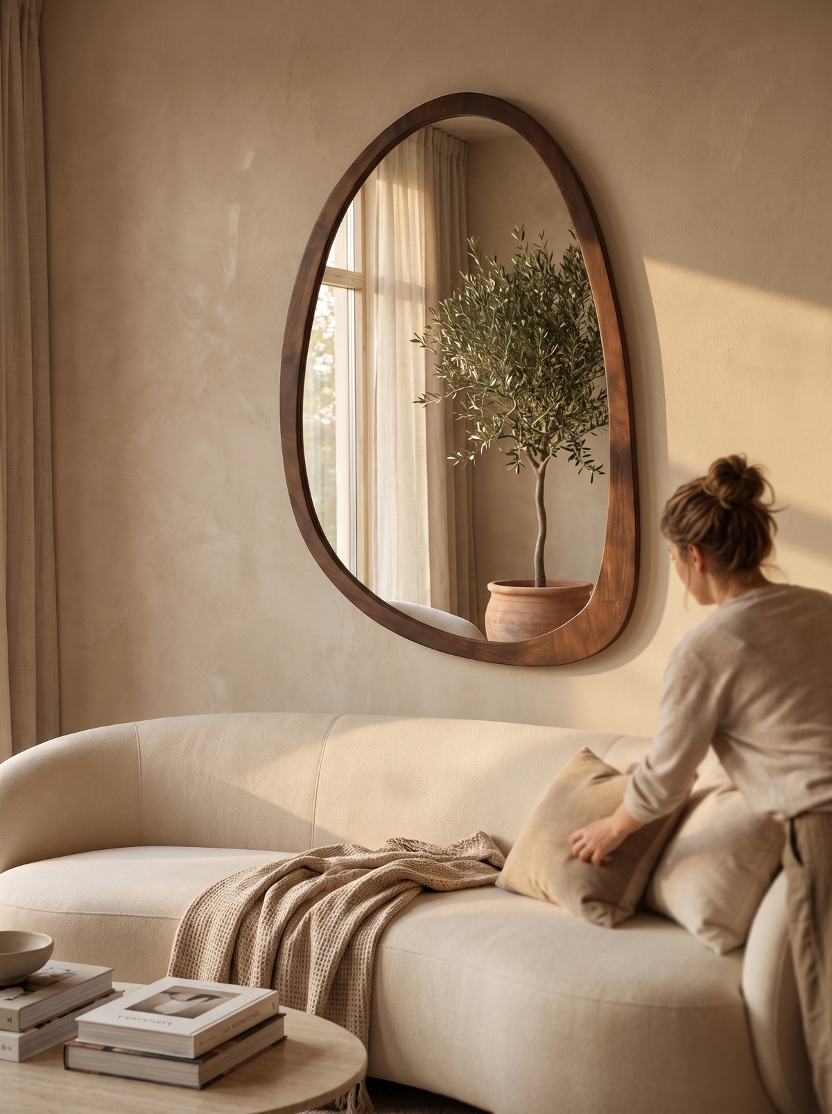 Walnut Irregular and Octagon Wall Mirror: Hung And Ready