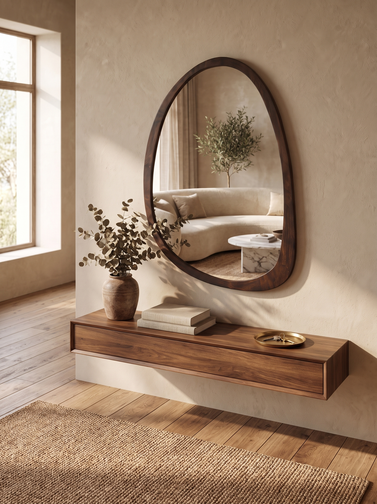 Walnut Irregular and Octagon Wall Mirror: Warmth Of Real Wood