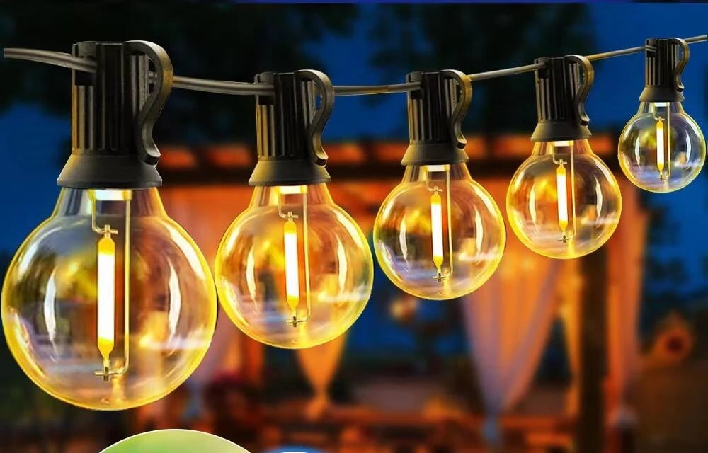 Solar G40 Outdoor String Lights – 30m (99ft), 50 Bulbs, RF Remote Included