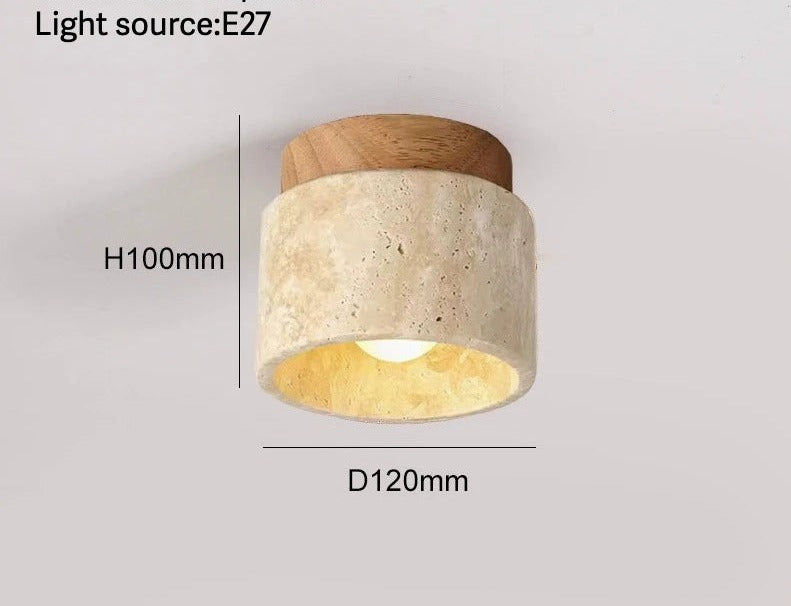 Travertine Stone LED Wall Sconce in Beige Cylinder, Walnut Top