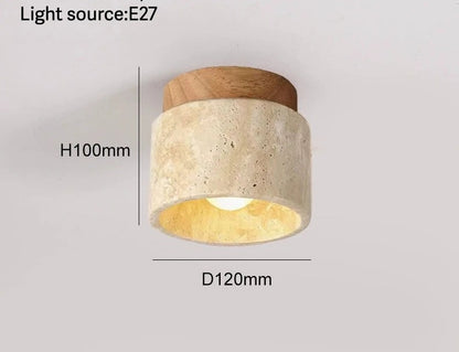 Travertine Stone LED Wall Sconce in Beige Cylinder, Walnut Top